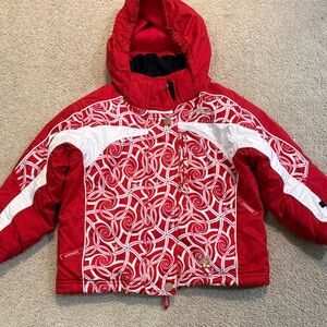 Spyder Kids Ski and Snow Jacket in Red and White Swirl size 5